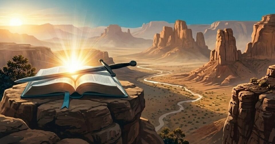 An open Bible with a sword across it on a canyon ledge at sunrise